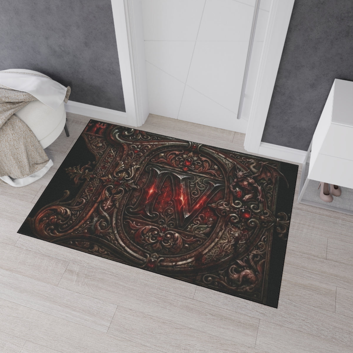 Gothic Red Monogram Floor Mat — Heavy Duty Decorative Rug