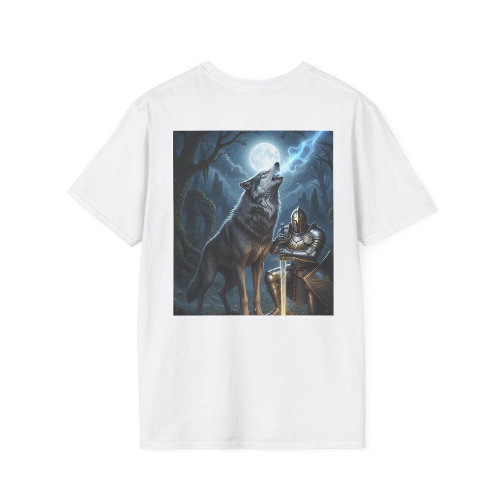 Knight and Wolf Moon T-Shirt — Fantasy Armor & Howling Wolf Graphic Tee