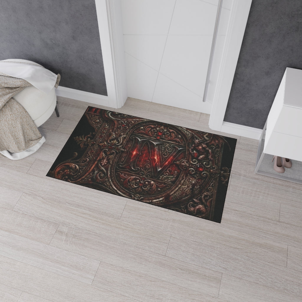Gothic Red Monogram Floor Mat — Heavy Duty Decorative Rug