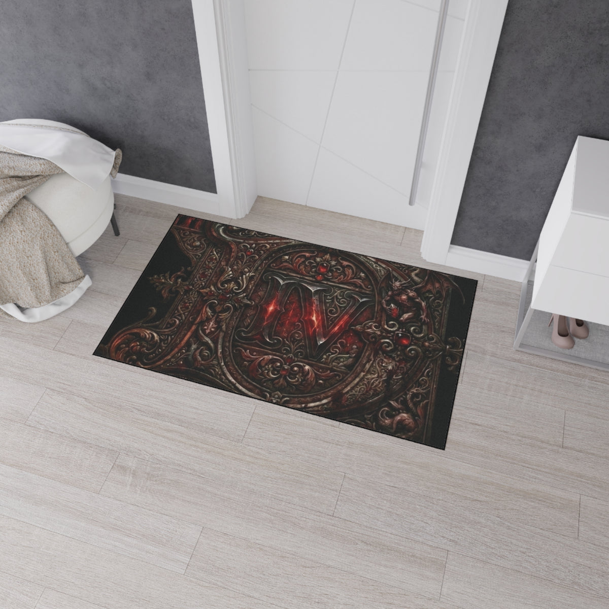 Gothic Red Monogram Floor Mat — Heavy Duty Decorative Rug
