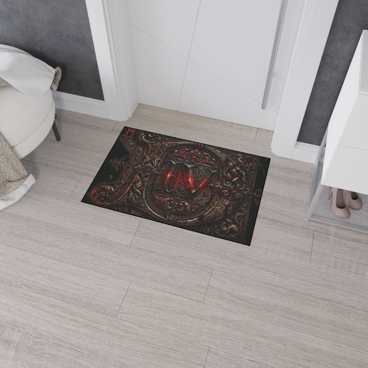 Gothic Red Monogram Floor Mat — Heavy Duty Decorative Rug