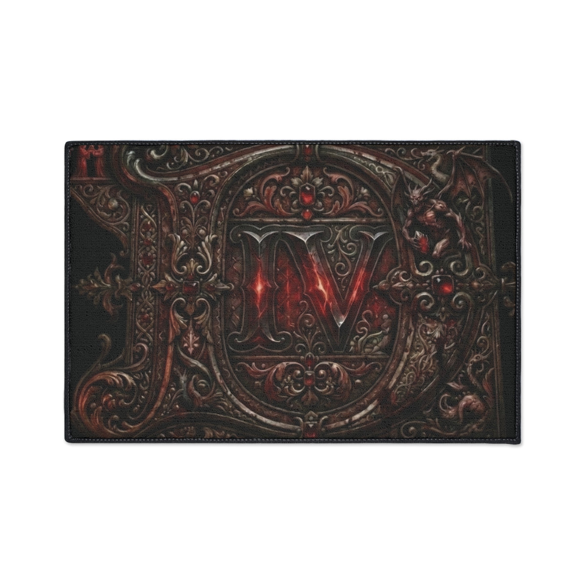 Gothic Red Monogram Floor Mat — Heavy Duty Decorative Rug