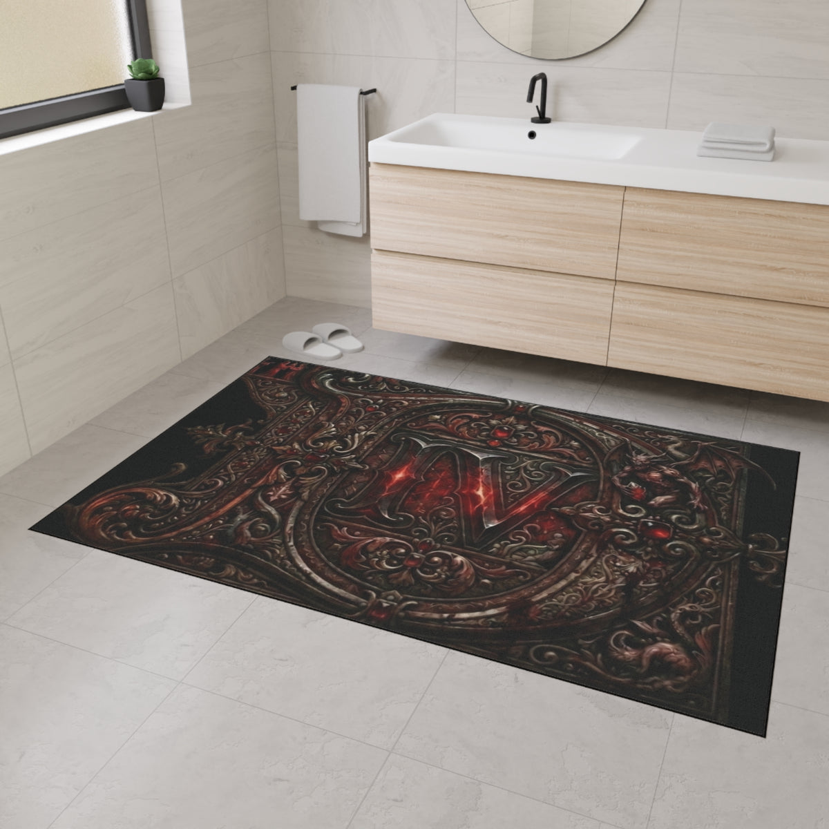 Gothic Red Monogram Floor Mat — Heavy Duty Decorative Rug