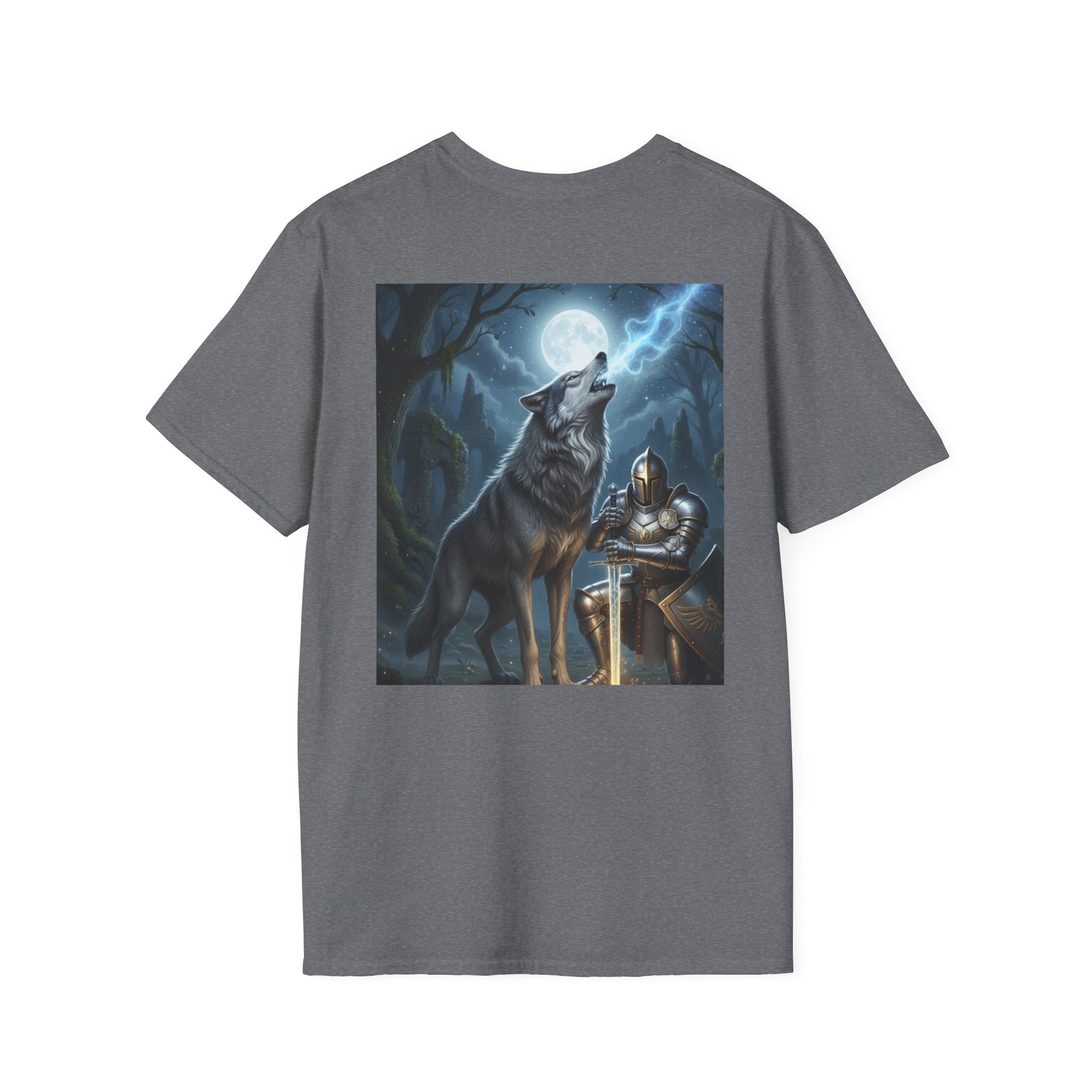 Knight and Wolf Moon T-Shirt — Fantasy Armor & Howling Wolf Graphic Tee